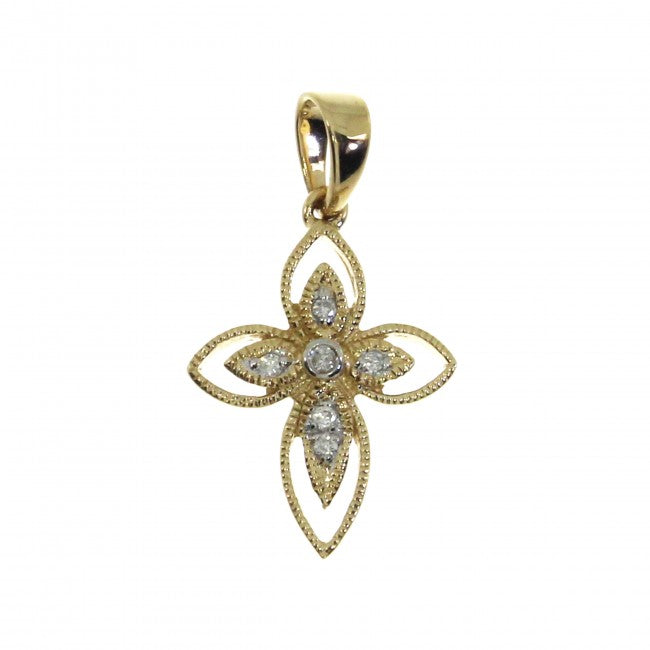 Ladies 14 Karat Yellow Gold Diamond Cross Pendant With 0.02Tw Round H/I Si2 Diamonds 18