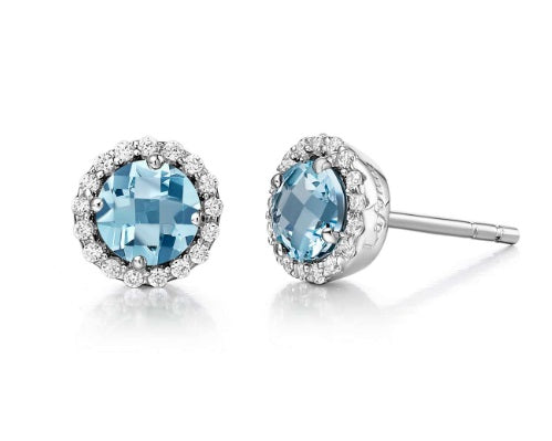 March Birthstone Earrings Sterling Silver Rhodium Plated with Simulated Stone and a Lassaire Stone Halo 1.26 TW