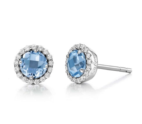 December Birthstone Earrings Sterling Silver Rhodium Plated with Simulated Stone and a Lassaire Stone Halo 1.26 TW