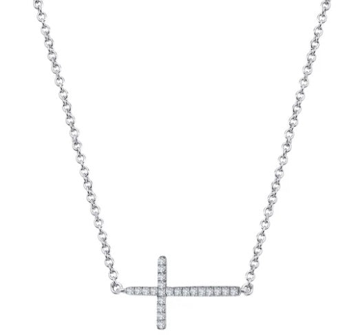Sterling Silver Rhodium Plated Sideway Cross with 0.22 CTW Lassaire Stones 16