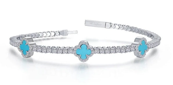Sterling Silver Bangle/Synthetic Turquoise Good Luck Station 2mm Tennis Flexible Bangle 2.40 CTW Lassaire Stones 6.8