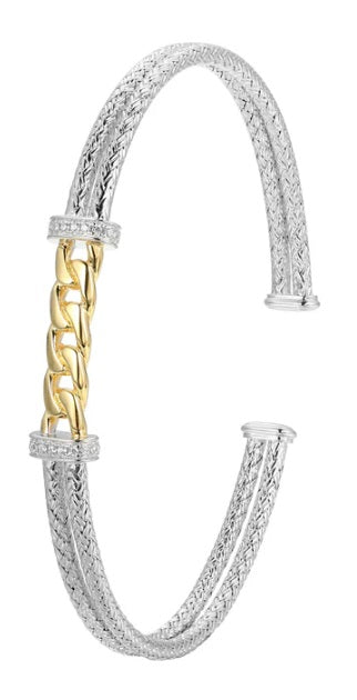 Sterling Silver Classic Mesh Cubic Zirconia Link Station Cuff Bracelet Rhodium and Yellow Gold Finish Inner Circumference 6.75