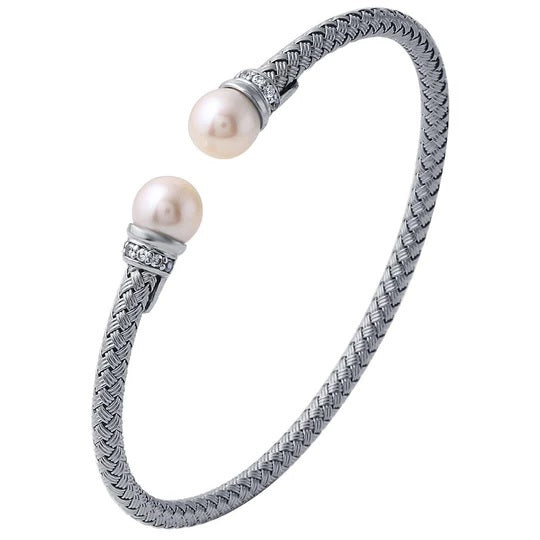 Sterling Silver 4mm Mesh Cuff with Freshwater Pearl and CZ, Rhodium Finish