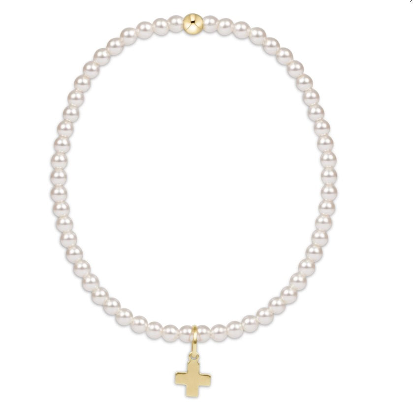 Classic Pearl 3MM Bead Bracelet - Signature Cross Gold Charm