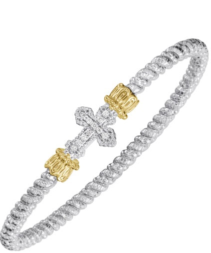 Ladies 14 Karat Yellow Gold And Sterling Silver Closed Cross Bracelet with SI2 G to H in Color  0.08 Pts. of Diamonds
