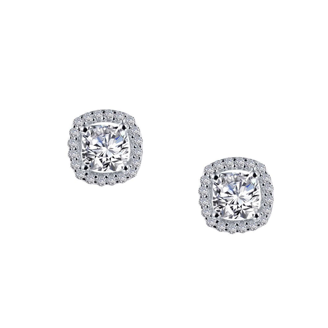 Sterling Silver Rhodium Plated Cushion Halo Stud Earrings with 1.52 CTW Lassaire Stones