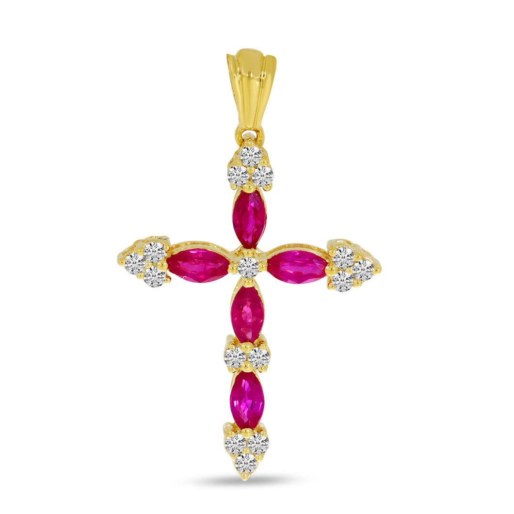 Ladies 14 Karat Yellow Gold Cross With 0.45Tw Marquise Rubies And 13.00Tw Round H/I Si2 Diamonds No Chain