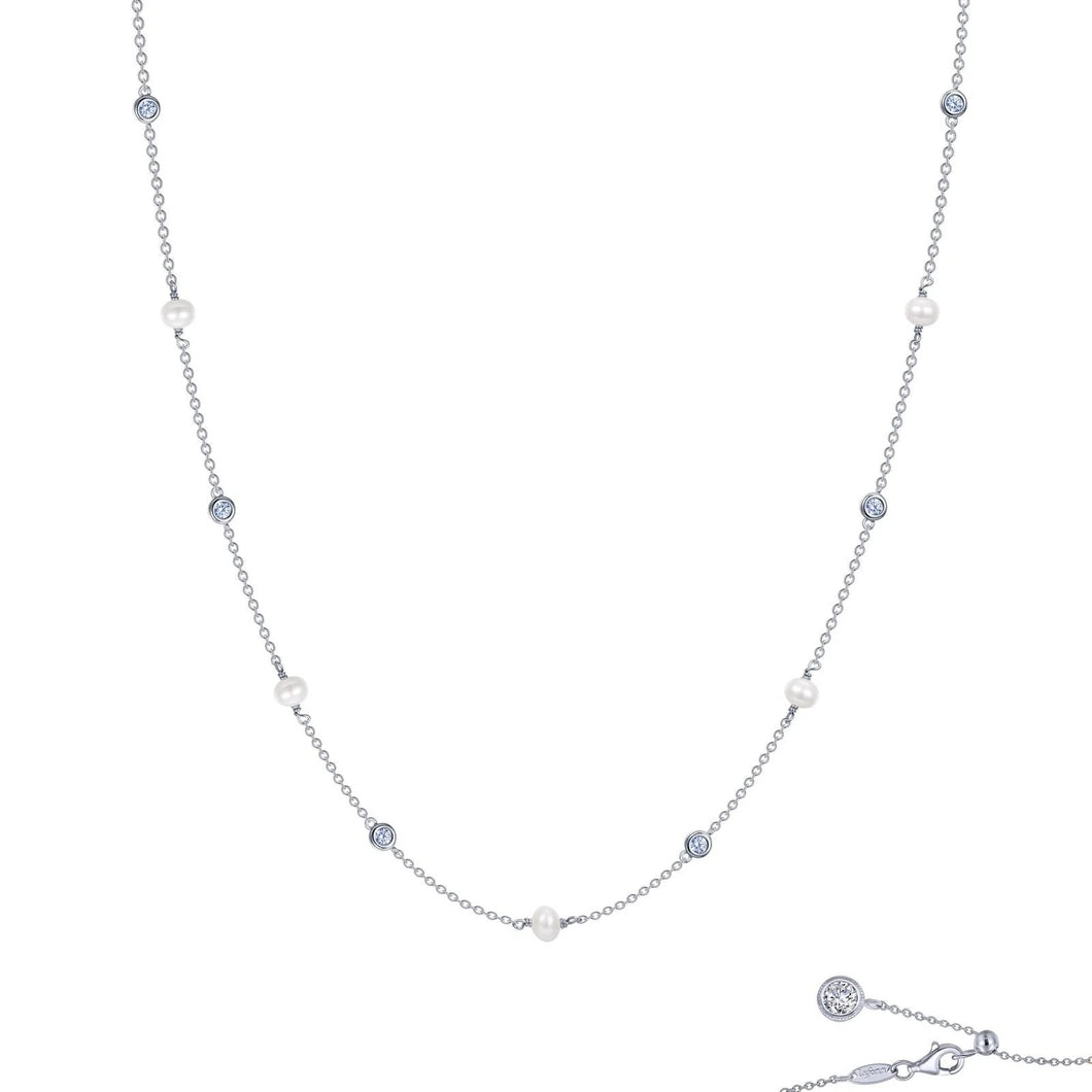 Sterling Silver Rhodium Plated Cultured Freshwater Pearl Necklace Lassaire Stone 0.43 TCW
