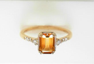 Ladies 14 Karat Yellow Gold Fashion Ring With 0.91Tw Emerald Cut Citrine And 0.06Tw Round G/H Si2 Diamonds Size 6.5