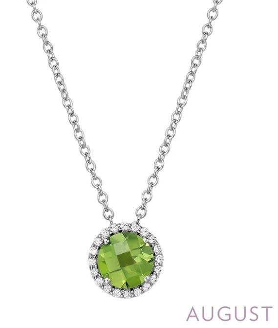 Sterling Silver Rhodium Plated August Peridot Birthstone Necklace with Lassaire Stone Halo 18