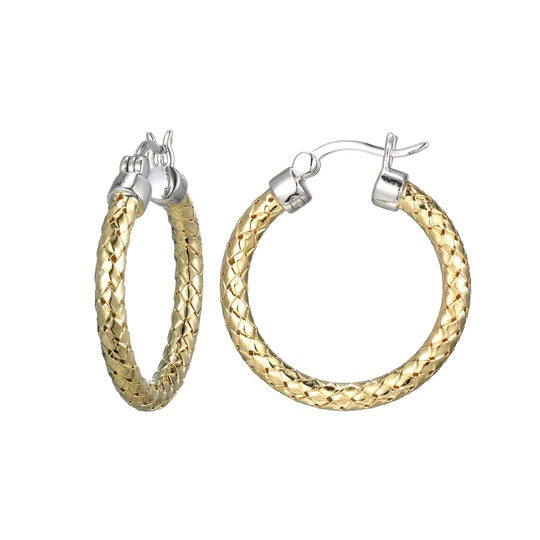 Sterling Silver 3MM Mesh 25MM Hoop Earring 2 Tone, Rhodium and Yellow Gold Finish