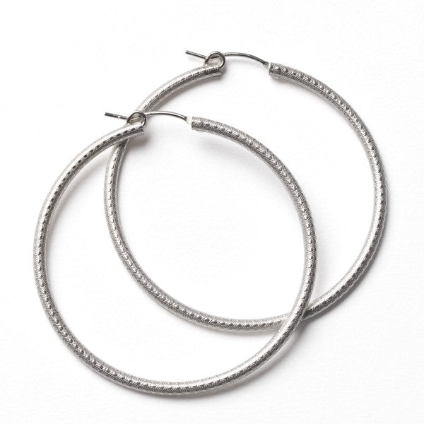 Ladies Sterling Silver Hoop Earrings Round Textured 50MM