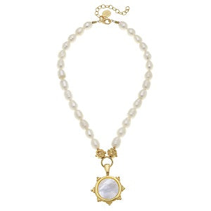 Mother Of Pearl Pendant On Genuine Freshwater Pearl Strand Necklace / Triple Plated 24K Gold / 16 Inches + 3 Inch Extender Chain