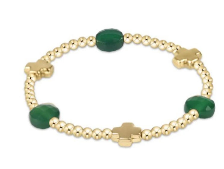 Signature Cross Admire Gold Pattern 3mm Bead Bracelet - Green Onyx
