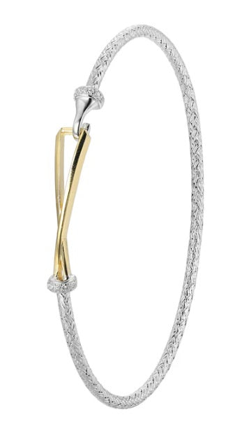 Sterling Silver Classic Mesh Triangular Station Cubic Zirconia Bangle Bracelet Rhodium and Yellow Gold Finish Inner Circumference 6.75