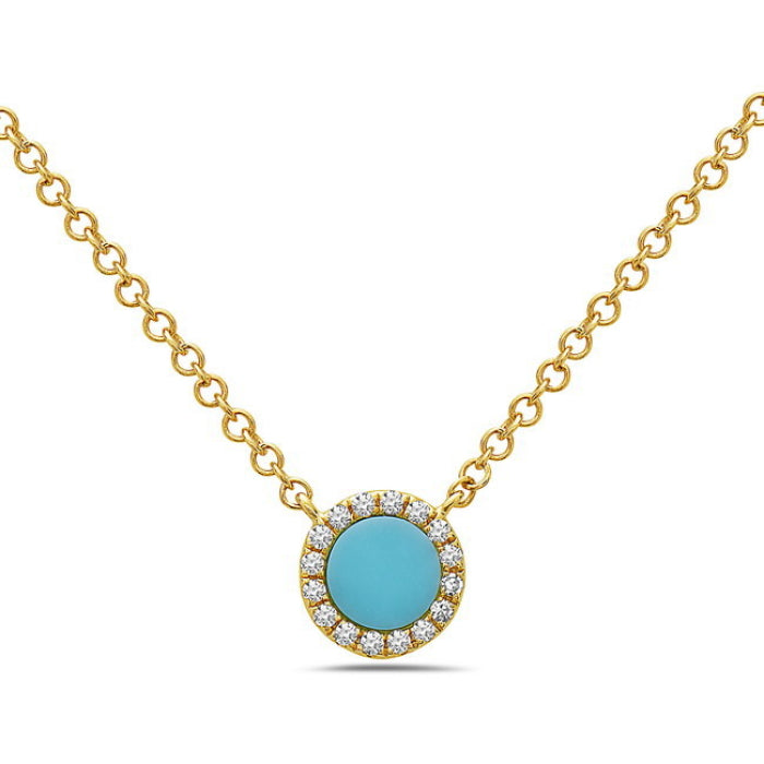 Ladies 14 Karat Yellow Gold Fashion Necklace With 0.18Tw R Turquoise And 0.04Tw Round H/I Si2 Diamonds 18