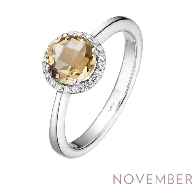 November Birthstone Ring Sterling Silver Rhodium Plated 1.05 TW with Simulated Stone and a Lassaire Stone Halo Size 7
