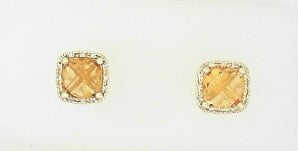 Ladies 14 Karat Yellow Gold Bezel Set Studs With = 2.00Tw Square Cushion Citrine And = 0.08Tw Round G/H SI2 Diamonds