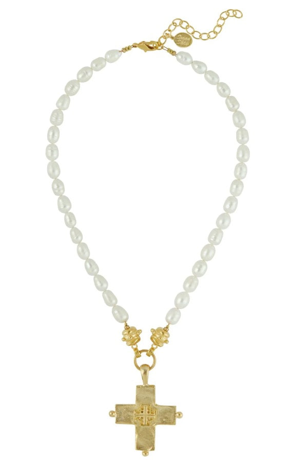 Jerusalem Double Cross Pearl Necklace - 16 inches with 3 inch extender