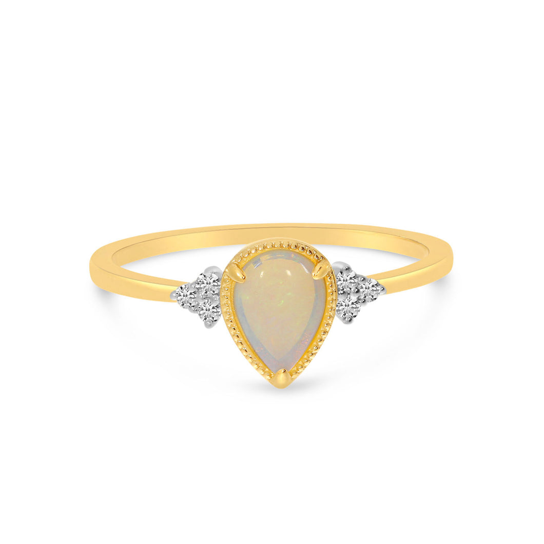 Ladies 14 Karat Yellow Gold Fashion Ring With 0.36Tw Pear Opal And 0.18Tw Round H/I SI2 Diamonds Size 7