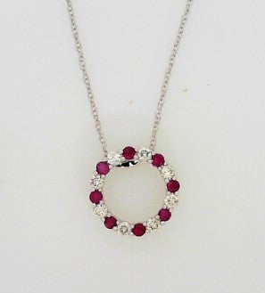 Ladies 14 Karat White Gold Circle Pendant With 0.26Tw Round Rubies And 0.27Tw Round G/H Si2 Diamonds With 18