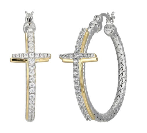 Sterling Silver 3mm Mesh 35mm Cross Hoop Earring, Yellow Gold and Rhodium Finish