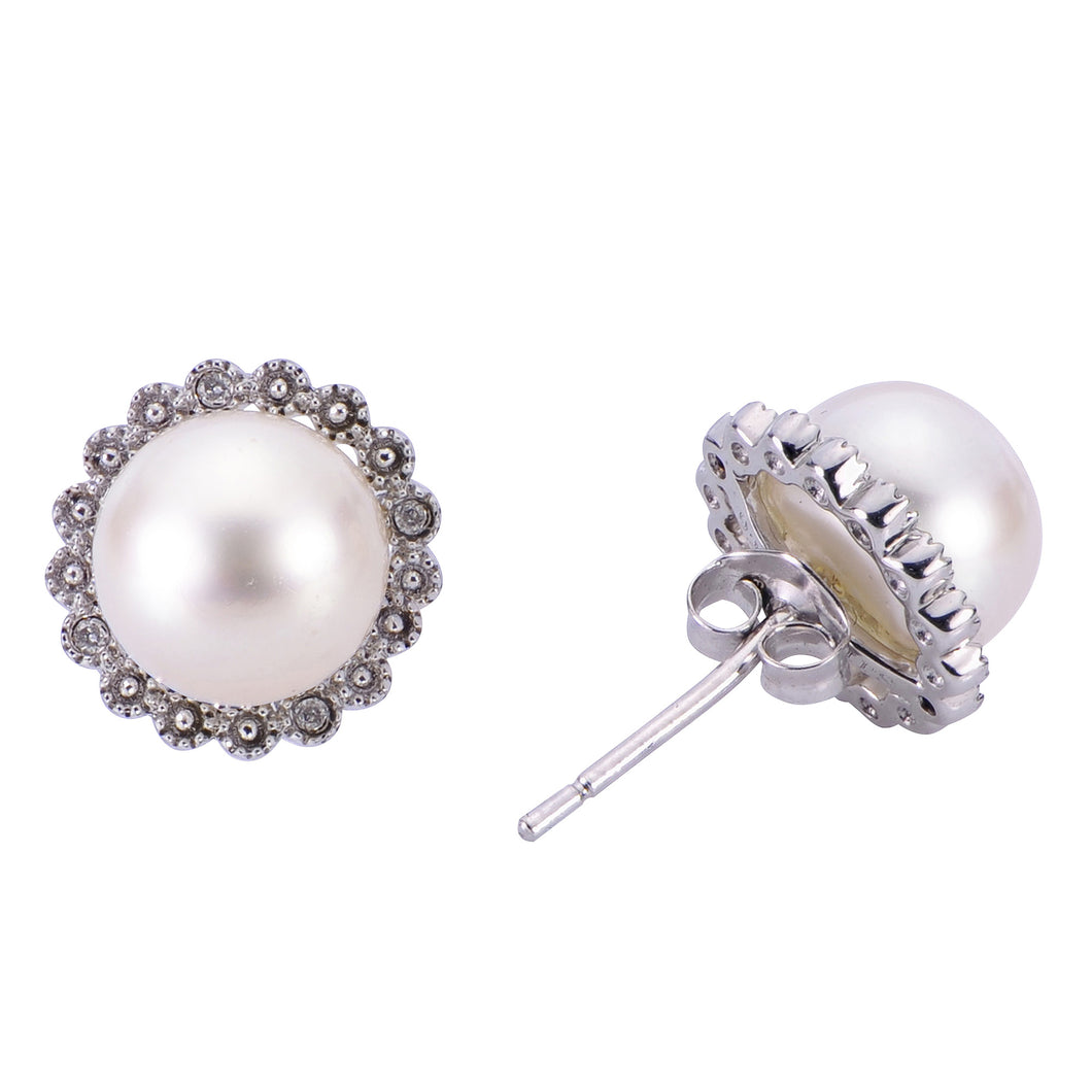 Ladies Sterling Silver 8-8.5MM Freshwater Pearl and Diamond Earrings
