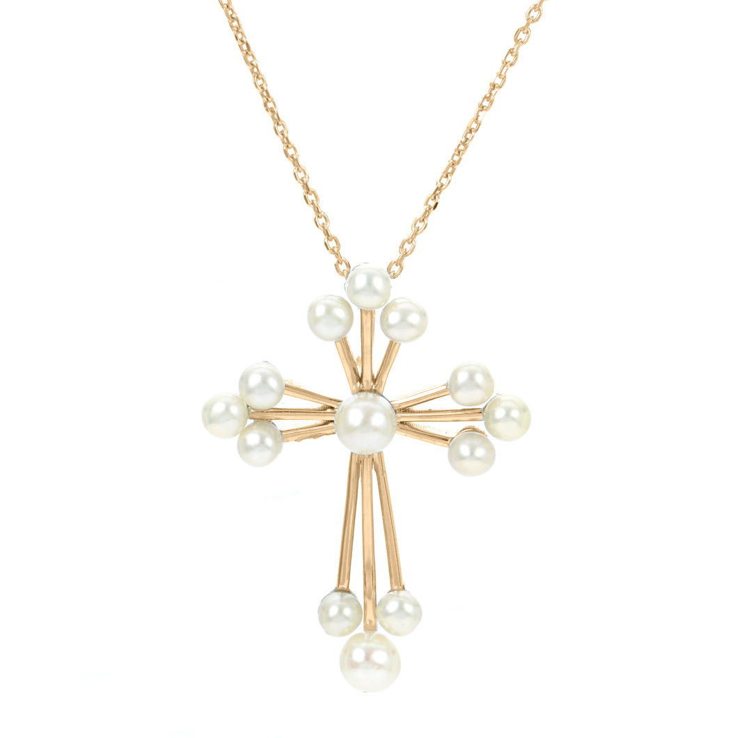 Ladies 14 Karat Yellow Gold 3-3.5MM and 4-4.5MM Freshwater Pearl Cross Pendant on Diamond Cut Cable 18