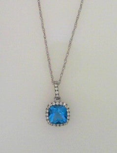 Ladies 14Karat White Gold Fashion Necklace 1.78tw Square Cushion Blue Topaz 0.20tw Round H/I SI3 Diamonds with 18