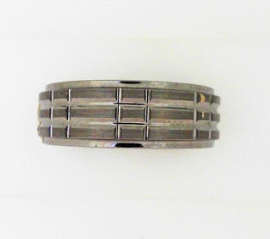 8MM Flat Brushed Tungsten Band With Horizontal & Vertical Polished Grooves & Polished Drop Edge