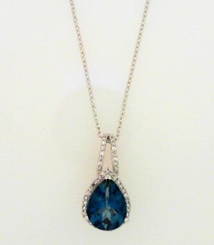 Ladies 14 Karat White Gold Pendant With 1.80tw Pear London Blue Topaz 0.12tw Round H/I SI2 Diamonds with 18