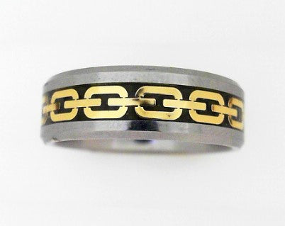 8MM Flat Polished Tungsten Band With Beveled Edge & Gold Chain Link Inlay   Size 13