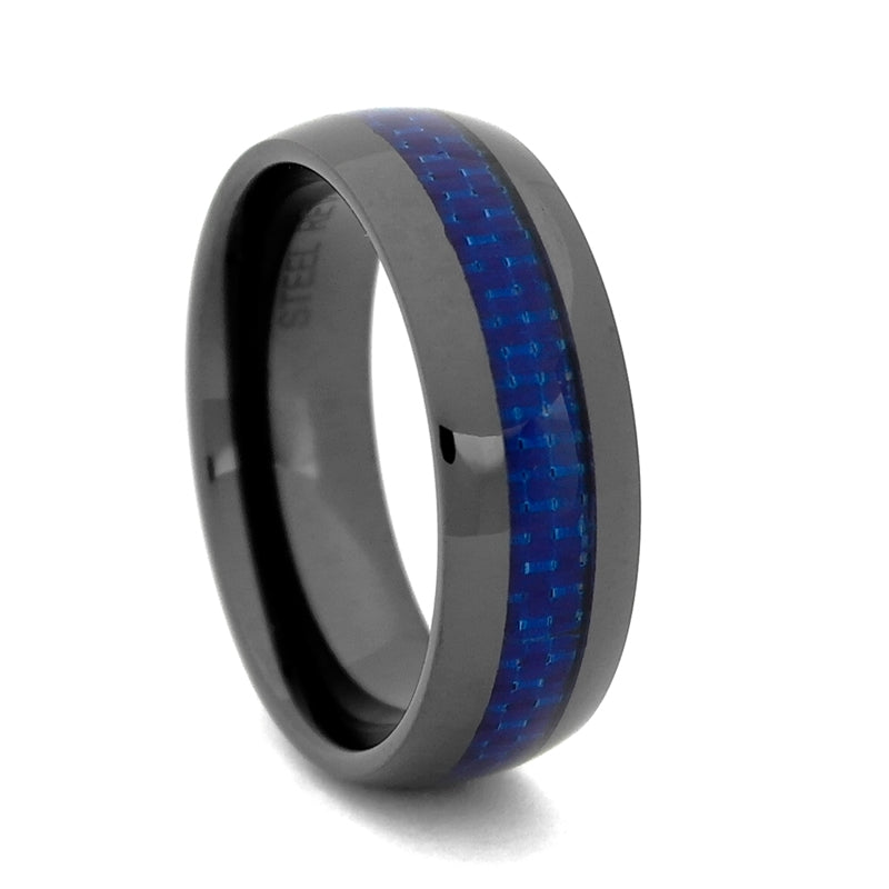 Size 7 - Comfort Fit 4mm Black High-Tech Ceramic Wedding Band with Blue Carbon Fiber Inlay