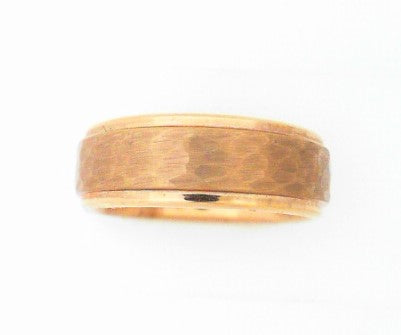 8MM Rose Plated Tungsten Band with Flat Hammered Brushed Center & Polished Drop Edge Size 10.5