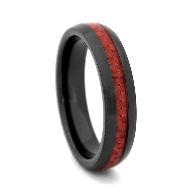 Size 8 - Comfort Fit 4mm Black High-Tech Ceramic Wedding Band with Red Carbon Fiber Inlay