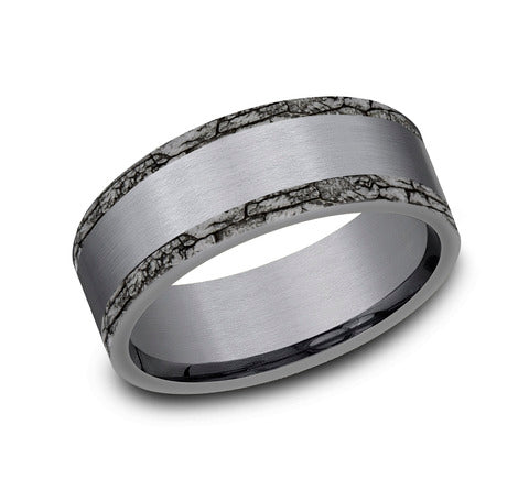 The Hadrian - Grey Tantalum Comfort Fit with Satin Center Stone Wall Patterned Edges - 7mm - Size 10