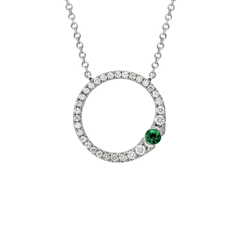 Ladies 14 Karat White Gold All Colored Jewelry With 0.06Tw Round Emerald And 0.20Tw Round H SI2 Diamonds with a 14 Karat White Gold 16-17-18 Inch Chain