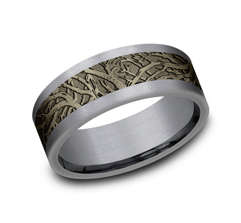 The Windsor - Grey Tantalum and Bronze Comfort Fit with Forest Branch Pattern Straight Edges - 8mm - Size 10